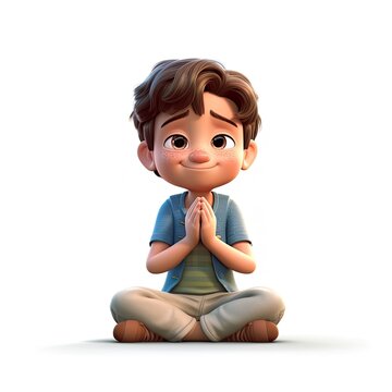 Beautiful boy cartoon style, sitting meditating happily - generative AI illustration