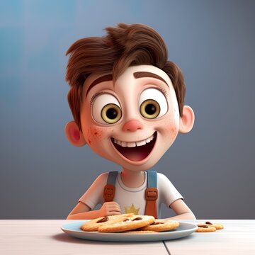 Beautiful boy cartoon style, happy eating delicious cookies - generative AI illustration