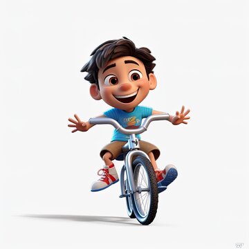 Beautiful boy cartoon style, having fun and playing with his favorite bike - generative AI illustration