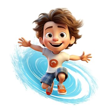 Beautiful boy cartoon style, jumping for joy - generative AI illustration