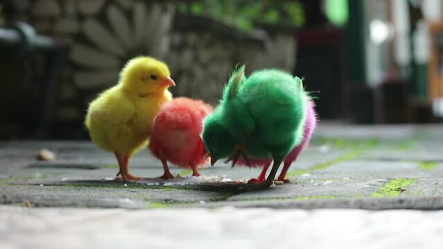 This is a video of the colorfully painted chicks running around.