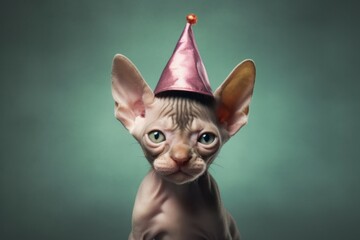 Cute cat in a birthday hat. Pet birthday concept. AI generated, human enhanced