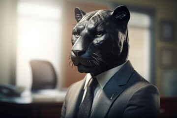 Anthropomorphic panther dressed in suit like a businessman. Mysterious image of a stranger. AI generated, human enhanced