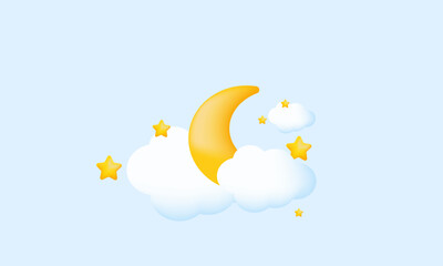 Fototapeta na wymiar illustration creative crescent moon golden stars white clouds cute 3d vector icon symbols isolated on background.3d design cartoon style. 