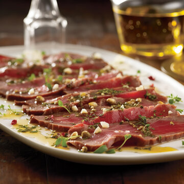 Rinderfilet Carpaccio. D&uuml;nne Scheiben von rohem Rinderfilet, mariniert mit Oliven&ouml;l, Zitronensaft, Parmesan und Kapern. Serviert wird es mit Rucola und frischem Baguette.