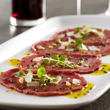 Rinderfilet Carpaccio. D&uuml;nne Scheiben von rohem Rinderfilet, mariniert mit Oliven&ouml;l, Zitronensaft, Parmesan und Kapern. Serviert wird es mit Rucola und frischem Baguette.
