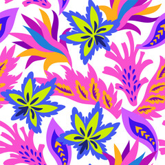 Fototapeta na wymiar Bright seamless pattern with colorful ornamental shapes and floral decorative elements.