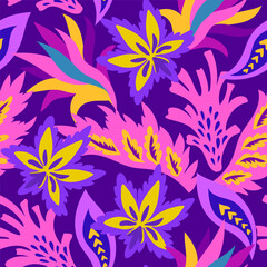 Fototapeta na wymiar Bright seamless pattern with colorful ornamental shapes and floral decorative elements.