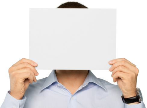 young man holding an empty banner over his face
