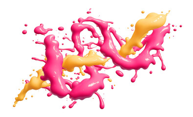 A generative AI image of flying globs of magenta and yellow paint, splashing together in midair against a white background.