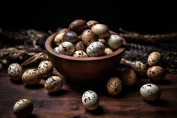 quail eggs in a wooden bowl. AI generated - obrazy, fototapety, plakaty