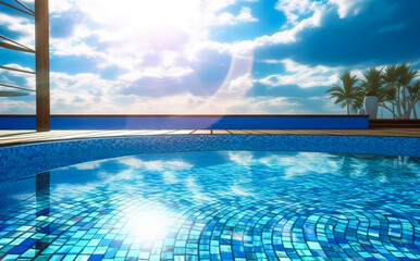 Swimming pool in a landscape, futuristic optics, sky-blue, sunlight shines through a clear swimming pool. Generative Ai.