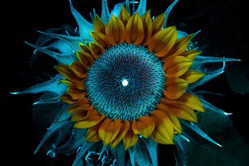 UVIVF Sunflower fluorescing under UV 365nm  ultraviolet blacklight with its red center and glowing blue nectar droplets inside photographed in a studio with a macro lens © LuizVictor