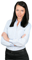 Businesswoman leaning back slightly with her arms crossed