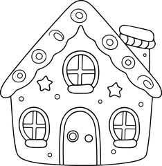Gingerbread house vector illustration. Black and white outline Christmas Gingerbread coloring book or page for children