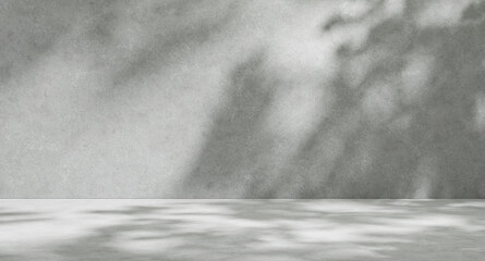 Gray empty cement wall background stage with shadows and sunlight, summer luxury plaster wall...