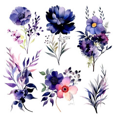 set of dark floral watercolor. flowers and leaves. Floral poster, invitation floral. Vector arrangements for greeting card or invitation design	