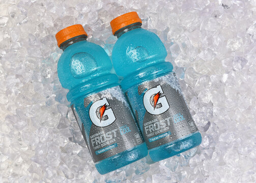 IRVINE, CALIFORNIA - 5 JUNE 2023: Two bottles of Gatorade Frost Glacier Freeze Thirst Quencher on ice.