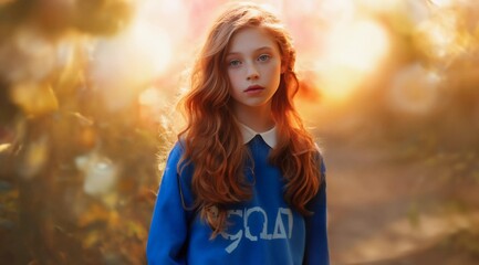 Very beautiful red hair girl and flowers, blue hoodie sweater, AI generated