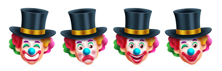 Clown magician character vector set design. Birthday magician and clown character with happy, smiling and funny collection. Vector illustration party comedian cartoon.
