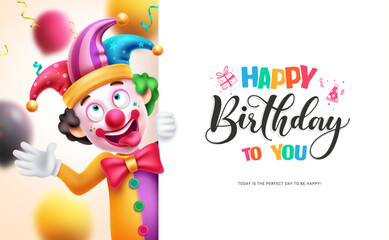 Happy birthday vector template design. Birthday text in white board with colorful funny clown character for party celebration. Vector illustration greeting card design.