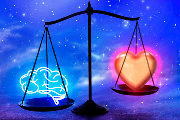 Choosing between logic and emotions. Scales with glowing heart and illustration of brain against...
