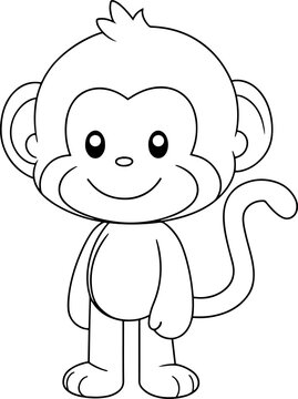 Monkey vector illustration. Black and white outline Monkey coloring book or page for children