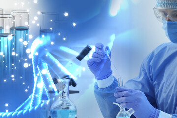 Genetics. Multiple exposure with photos of scientist, laboratory glassware and illustration