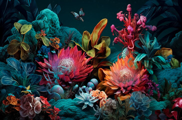 Neon tropical leaves, plants & flowers, in the style of dark magenta and light black, collage-like elements, dark teal and light red. Generative Ai.