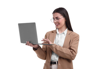 Beautiful happy businesswoman using laptop on white background