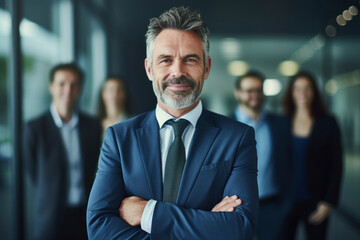 Happy middle aged business man ceo standing in office arms crossed. .AI Generative
