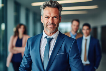 Fototapeta na wymiar Happy middle aged business man ceo standing in office. Smiling mature confident professional executive manager, proud lawyer, confident businessman leader wearing blue suit, portrait.AI Generative