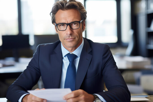 Portrait of successful mature financier, senior businessman with beard and glasses looking at camera, man working inside office on paper work, investor satisfied with result. AI Generative