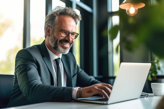 Handsome Mature Man In Suit Sitting At The Table In Home Office And Working At Laptop. AI Generative