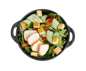 Delicious salad with croutons, chicken and vegetables isolated on white, top view