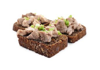 Tasty sandwiches with cod liver and green onion isolated on white