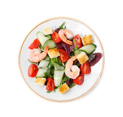 Tasty salad with croutons, tomato and shrimps isolated on white, top view