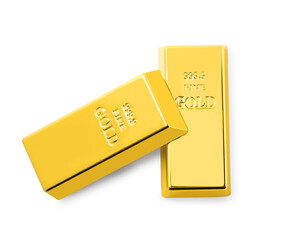 Shiny gold bars isolated on white, top view