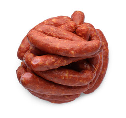 Many fresh raw sausages isolated on white, top view. Meat product