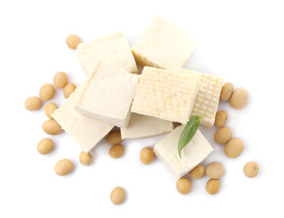 Delicious tofu cheese, basil and soybeans isolated on white, top view