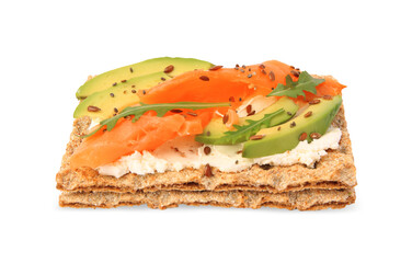 Fresh crunchy crispbreads with cream cheese, salmon, avocado and arugula isolated on white