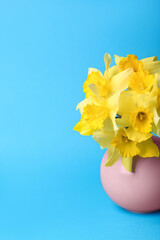 Bouquet of beautiful yellow daffodils in vase on light blue background, space for text