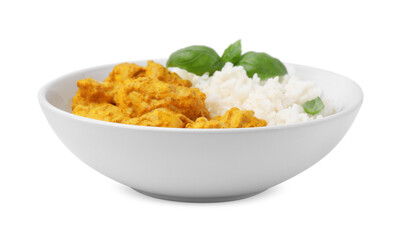 Delicious rice and chicken with curry sauce isolated on white