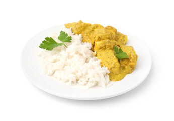 Delicious rice and chicken with curry sauce isolated on white