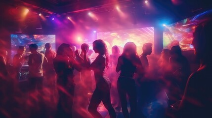 Fototapeta na wymiar Girls are enjoying at night, Young people are having fun dancing at party, Young people dancing in night club