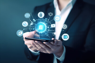 Businessman using smartphone with virtual healthcare icons on mobile web technology 