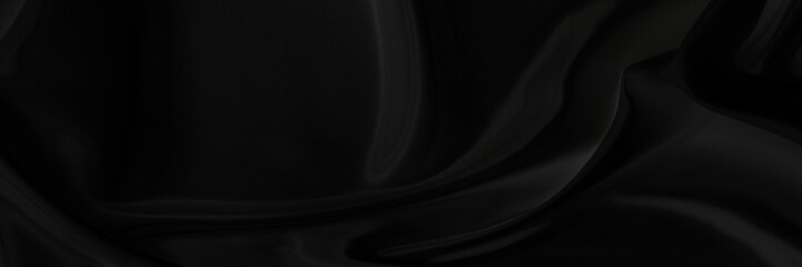 Black gray satin dark fabric texture luxurious shiny that is abstract silk cloth panorama background with patterns soft waves blur beautiful.