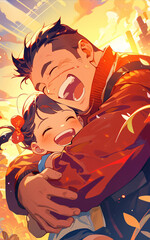 warm and happy scene illustration of father holding child