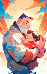 warm and happy scene illustration of father holding child