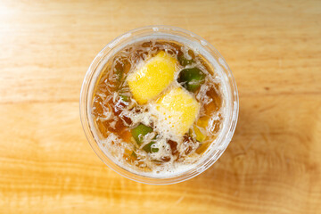 top view cup of iced lemon tea